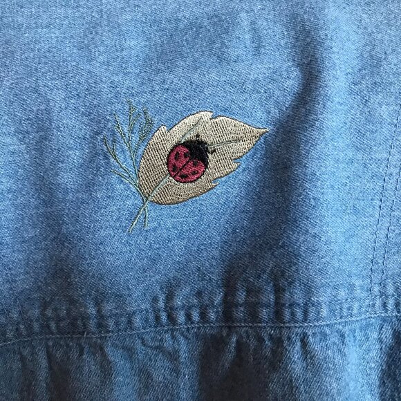 Patchwork Duster, Size L: Upcycled Button-Down Boho Jacket Dress, Lady Bugs - Picture 4 of 13